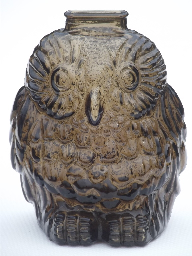 Vintage Wise Old Owl bank, retro smoke brown glass owl savings jar