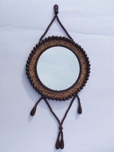 Vintage wood bead frame wall mirror w/ tassel, boho gypsy retro hippie style!