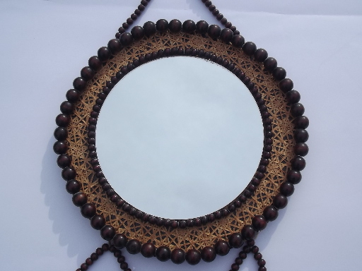 Vintage wood bead frame wall mirror w/ tassel, boho gypsy retro hippie style!