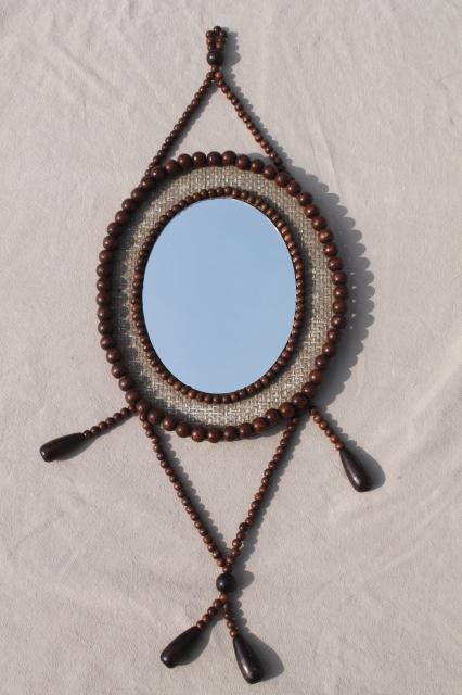 vintage wood bead frame wall mirror w/ tassel, boho gypsy retro hippie style!