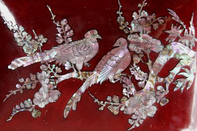 vintage wood lacquerware jewelry box w/ mother of pearl shell inlay, birds & flowers