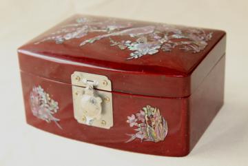 vintage wood lacquerware jewelry box w/ mother of pearl shell inlay, birds & flowers