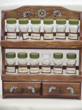 Vintage wood spice rack wall shelves and glass bottle spice jars