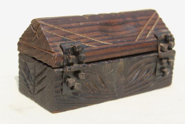 vintage wood treasure chests, Spanish carved wood boxes w/ medieval renaissance gothic style 
