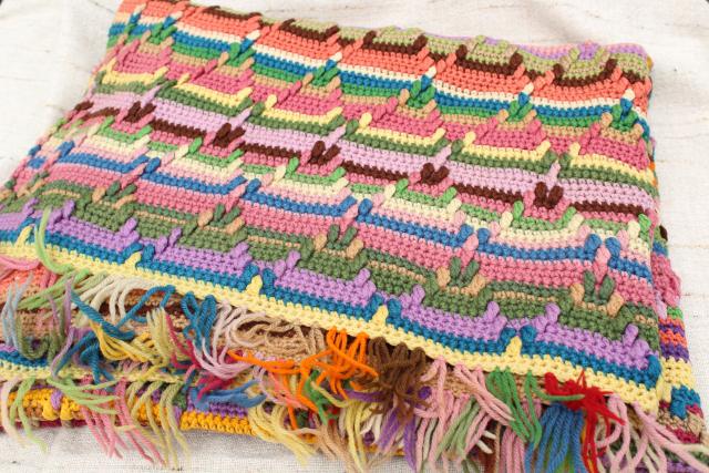 vintage wool blanket, striped crochet afghan throw, hippie boho prairie style retro!