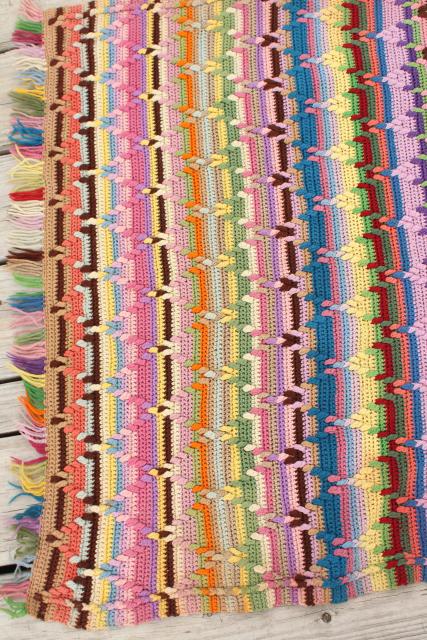 vintage wool blanket, striped crochet afghan throw, hippie boho prairie style retro!