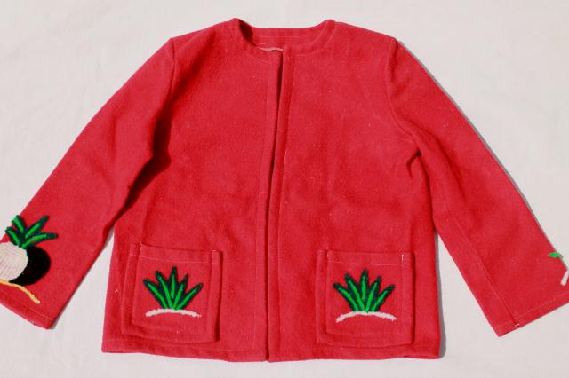 vintage wool jacket w/ chenille punch needle embroidery, southwest cactus & sombrero