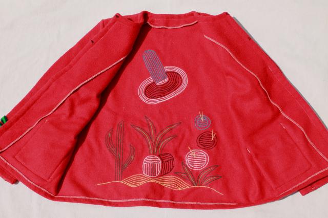 vintage wool jacket w/ chenille punch needle embroidery, southwest cactus & sombrero