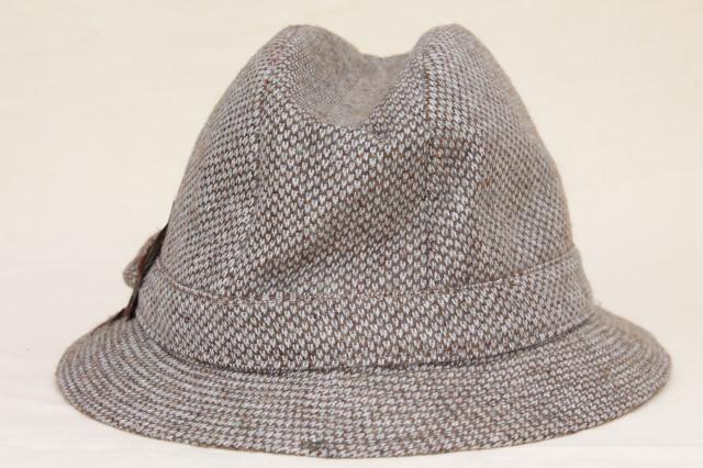 vintage wool tweed men's fedora hats, stingy brim fedoras, tweedy