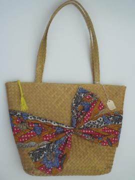 Vintage woven basket bag purse w/ print cotton scarf tie, new w/ tag