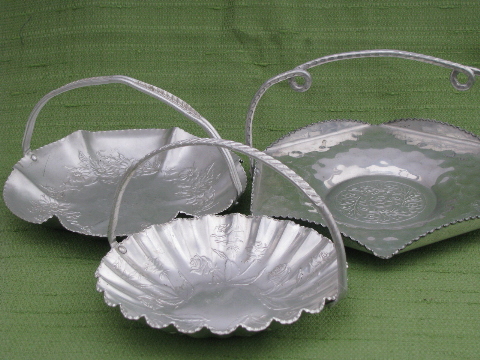 Vintage wrought aluminum tidbit plates, little baskets w/ handles