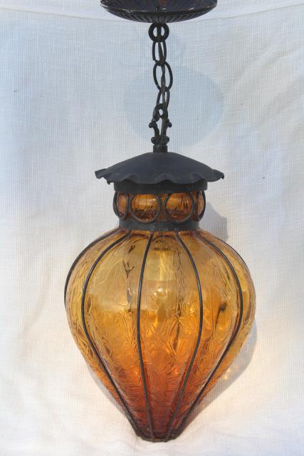 vintage wrought iron lantern pendant light fixture, hanging lamp w/ amber glass shade