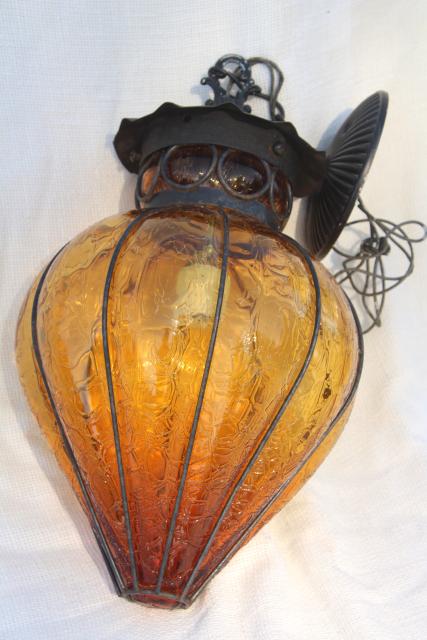 vintage wrought iron lantern pendant light fixture, hanging lamp w/ amber glass shade