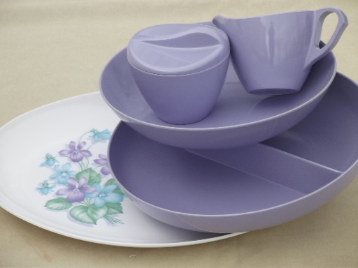 Violet corsage melmac dishes set of serving pieces, vintage Marcrest melmac