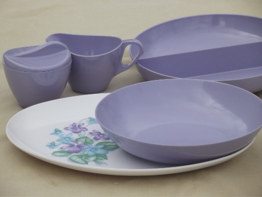 Violet corsage melmac dishes set of serving pieces, vintage Marcrest melmac