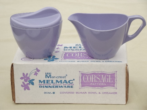 Violet corsage melmac dishes set of serving pieces, vintage Marcrest melmac