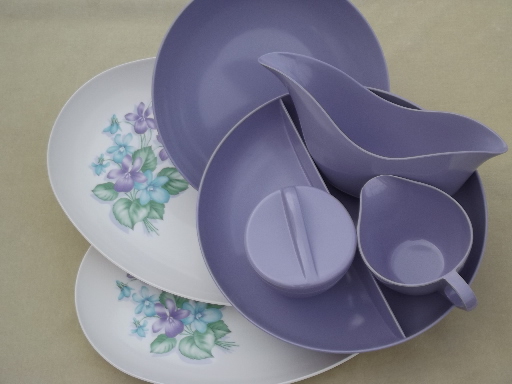 Violet corsage melmac dishes set of serving pieces, vintage Marcrest melmac