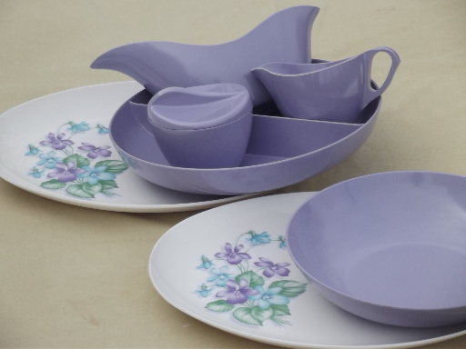 Violet corsage melmac dishes set of serving pieces, vintage Marcrest melmac