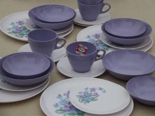 Violet corsage melmac dishes set, vintage Marcrest melmac dinnerware for 4