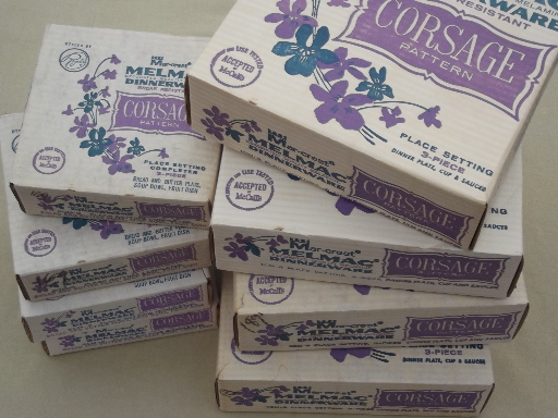 Violet corsage melmac dishes set, vintage Marcrest melmac dinnerware for 4