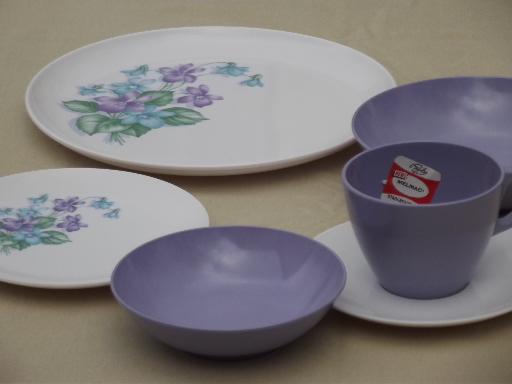 Violet corsage melmac dishes set, vintage Marcrest melmac dinnerware for 4