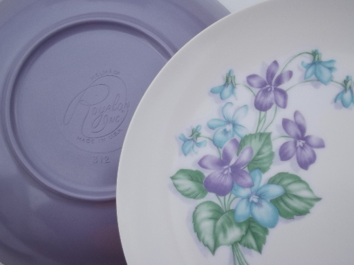 Violet corsage melmac dishes set, vintage Marcrest melmac dinnerware for 4