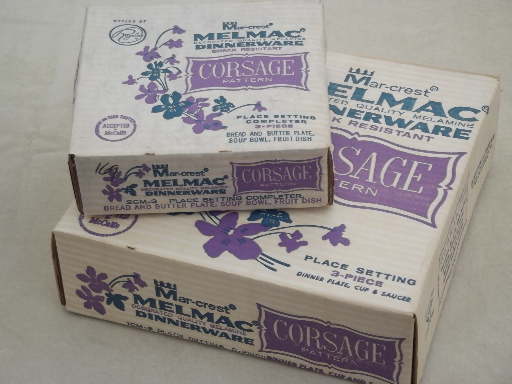 Violet corsage melmac dishes set, vintage Marcrest melmac dinnerware for 4