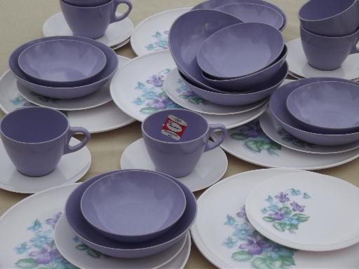 Violet corsage melmac dishes set, vintage Marcrest melmac dinnerware for 6