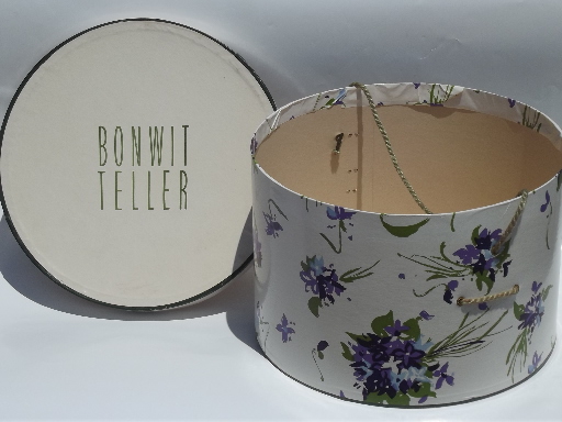 Violets floral print hat box, vintage Bonwit Teller hatbox ladies hats