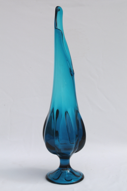 Vivid blue art glass swung shape vase vintage Viking epic line bluenique