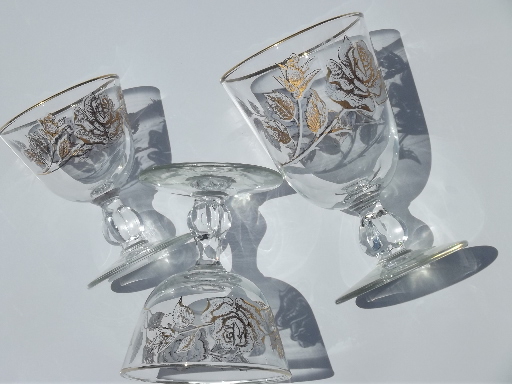 White & gold rose bouquet vintage Libbey cocktail glasses & water goblets