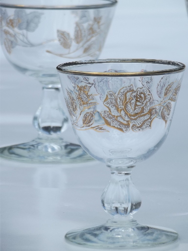 White & gold rose bouquet vintage Libbey cocktail glasses & water goblets