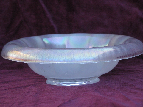 White opalescent stretch glass console bowl, vintage art glass