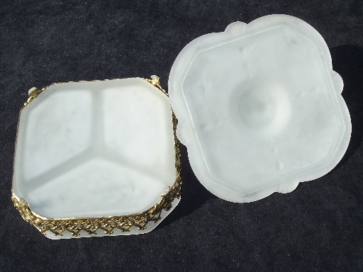 White satin frosted glass vanity dresser hankerchief or dusting powder box