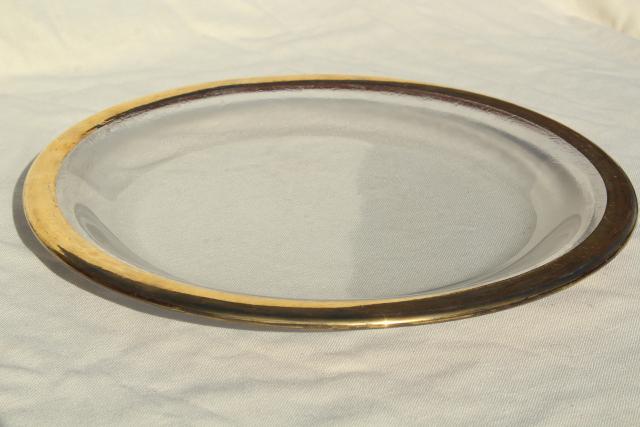 wide gold band ice textured clear glass serving tray, round platter or cake plate