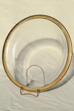 wide gold band ice textured clear glass serving tray, round platter or cake plate
