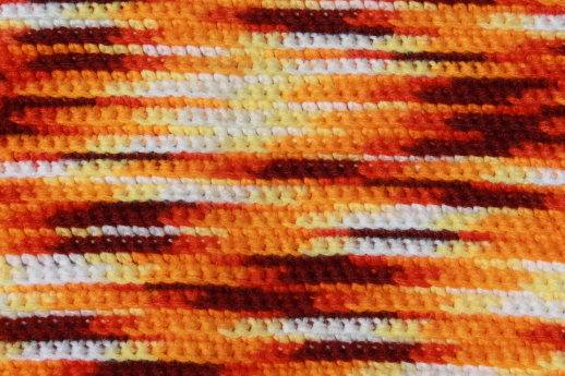 Wild 70s vintage afghan bedspread, tiger orange & brown self striping yarn crochet