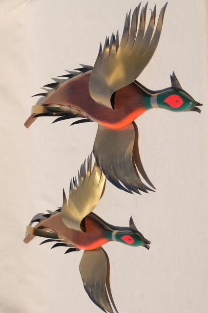 wild game birds, vintage wood bird wall plaques w/ metal wings, flying pheasants