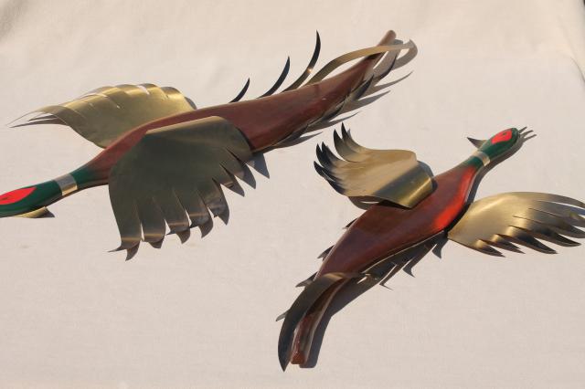 wild game birds, vintage wood bird wall plaques w/ metal wings, flying pheasants
