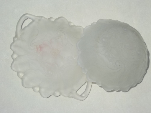 Wild Rose flower pattern frosted satin glass, vintage tray & serving bowl