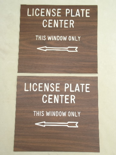 Wood grain plastic signs, License Plate Center, retro pop wall art