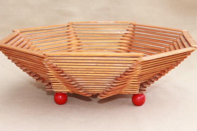 wood popsicle stick bowls, retro vintage summer camp arts & crafts pieces
