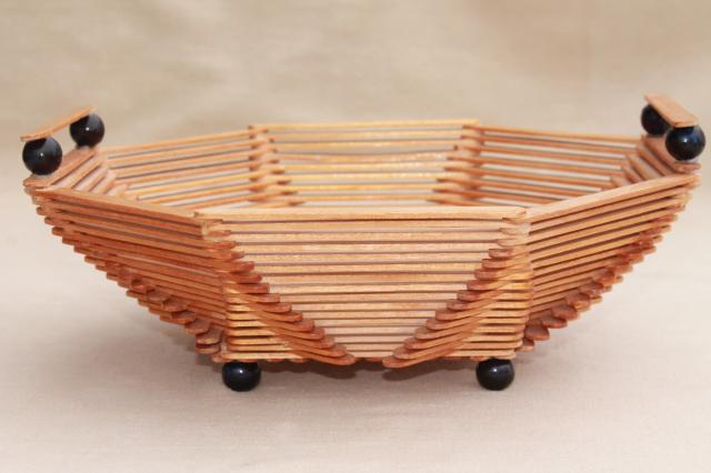 wood popsicle stick bowls, retro vintage summer camp arts & crafts pieces