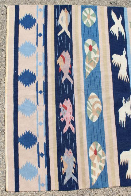 woven throw rug w/ seagulls, shells, fish - ocean & sand colors for beach house 